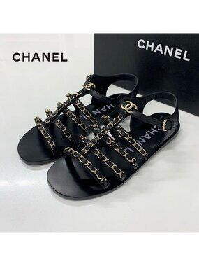 Chanel CC Logo Leather Chain Flat Sandals Black
